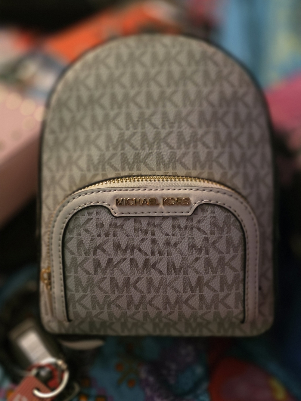 Mini Michael Kors Beige/Grey Signature Mini Backpack with Gold Hardware